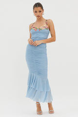Rose Garden Ruched Mesh Midi Dress Blue