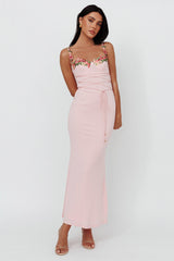 Rose Garden Floral Applique Laced Midi Dress Baby Pink